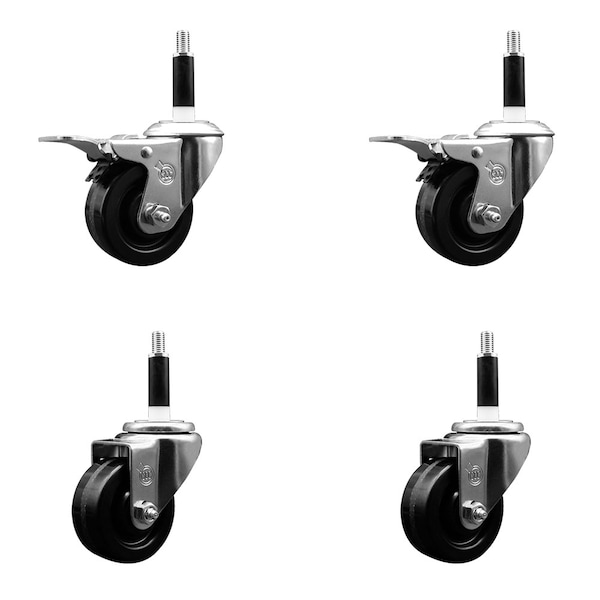3'' Phenolic Swivel 7/8'' Expand Stem Caster Set 2 Total Lock Brakes, 4PK